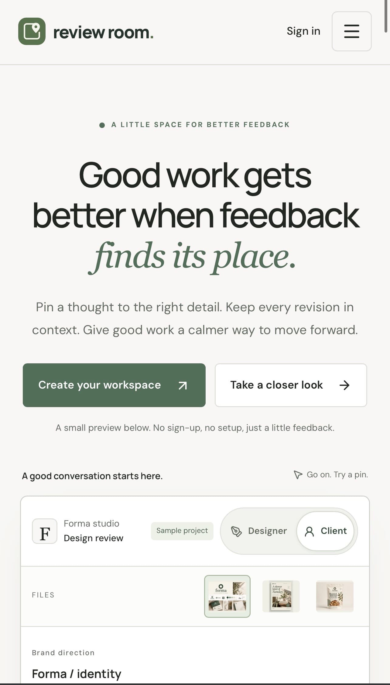 Review Room actual mobile website view